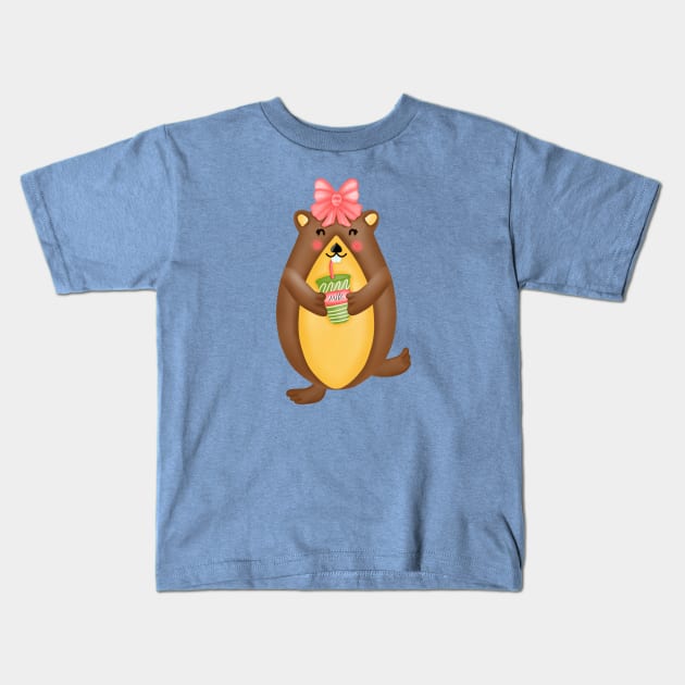 Cute groundhog drinking milk. Kids T-Shirt by Onanong art design shop.